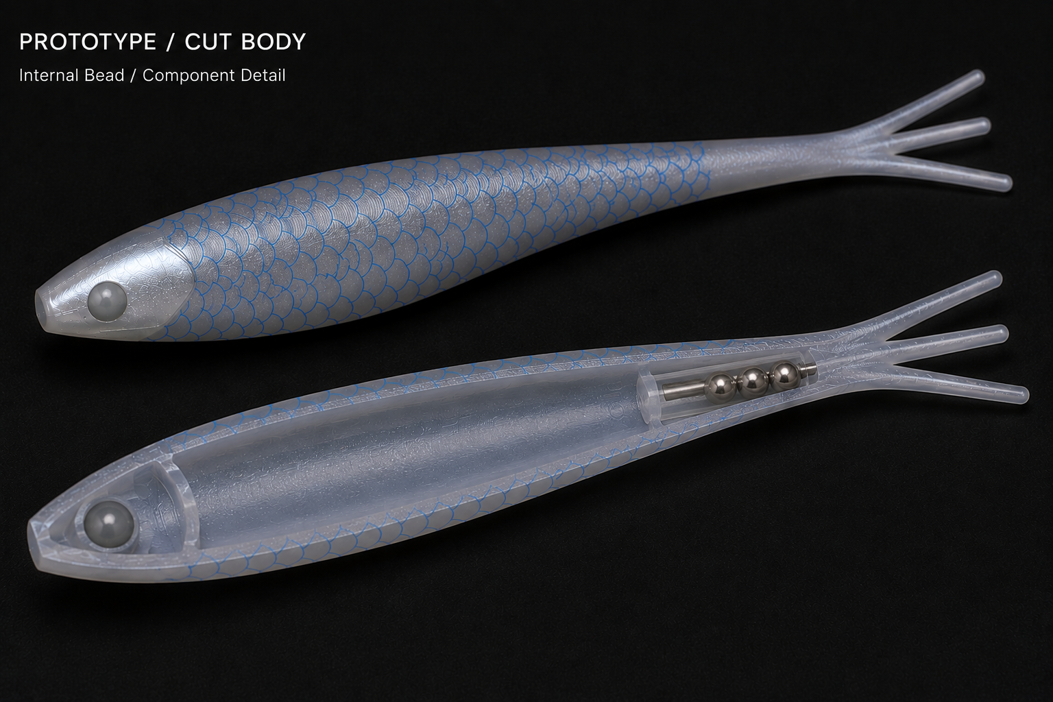 Fishing lure prototype cut body showing internal structure