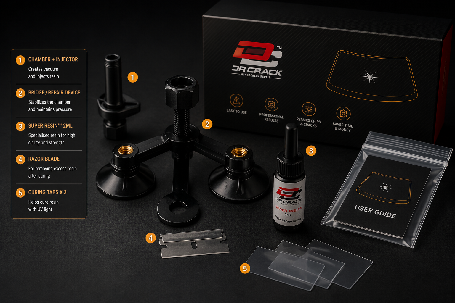Components of DIY windscreen repair kit
