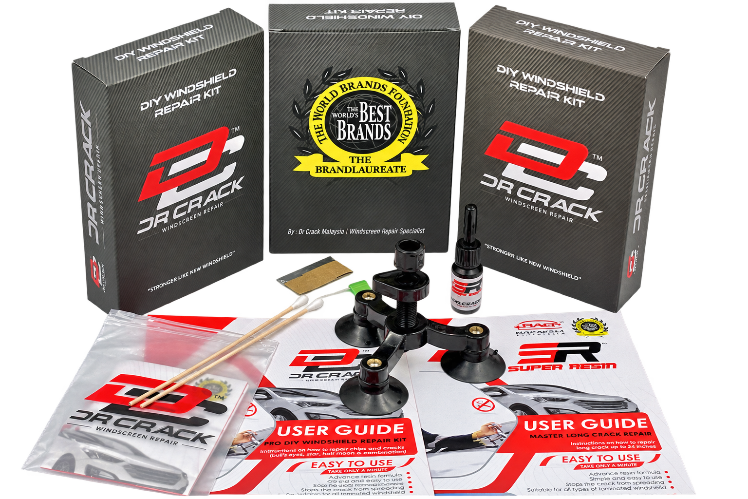 Complete DIY windscreen repair kit components