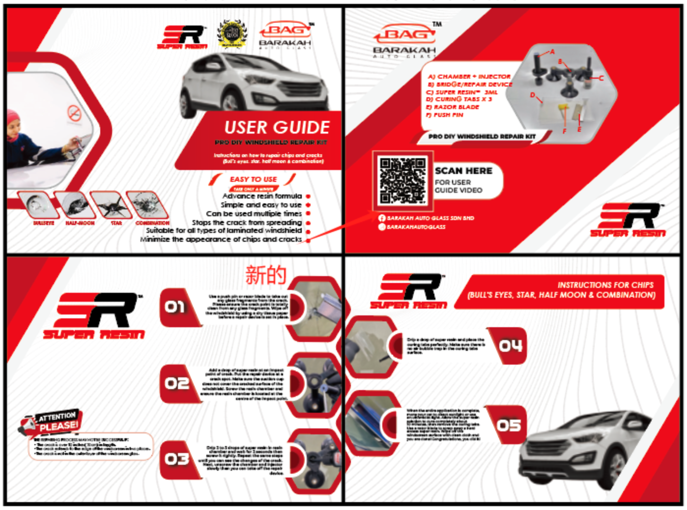 User instruction guide developed for DIY windscreen repair kit